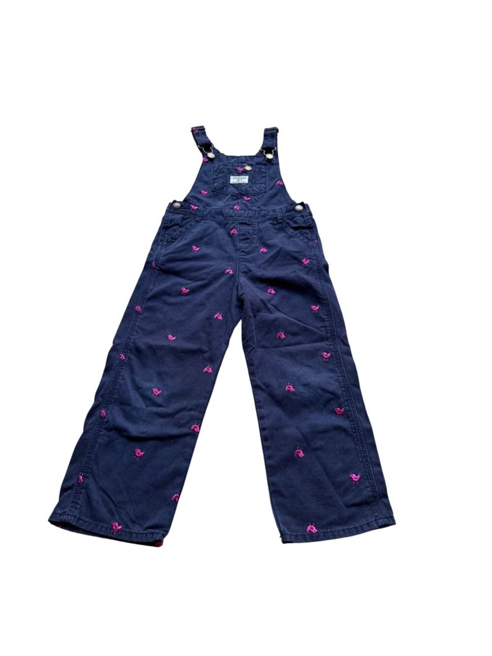 VTG OshKosh B'gosh Girl Size 5 Blue Denim Pink Bird Embroidered Bib Overalls